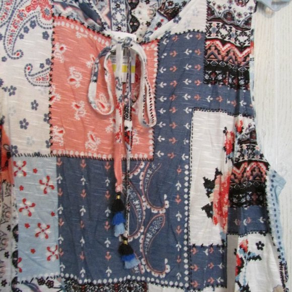 American Rag Boho Patchwork Tank Tie Neck Blue - Picture 2 of 7